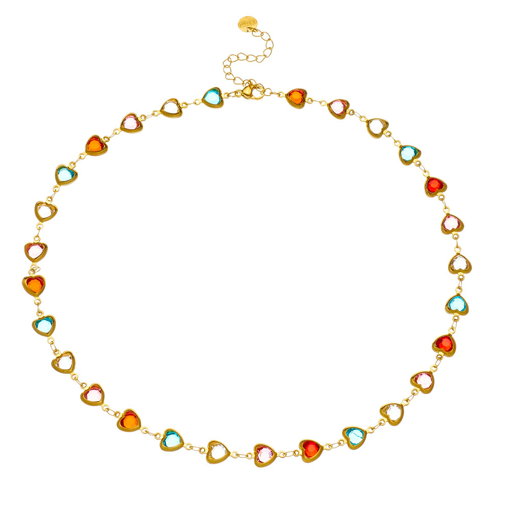 New cross-border fashion style, fresh and sweet candy-colored heart-shaped faceted translucent rhinestone simple high-end stainless steel necklace