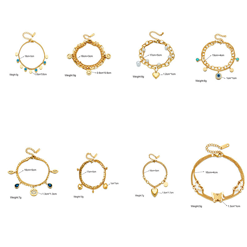 European and American style niche minimalist multi-layer chain heart circle smiley face butterfly eye pendant titanium steel bracelet