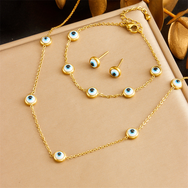 Fashionable retro round devil eyes blue turquoise flower heart accessory chain stainless steel jewelry three-piece set