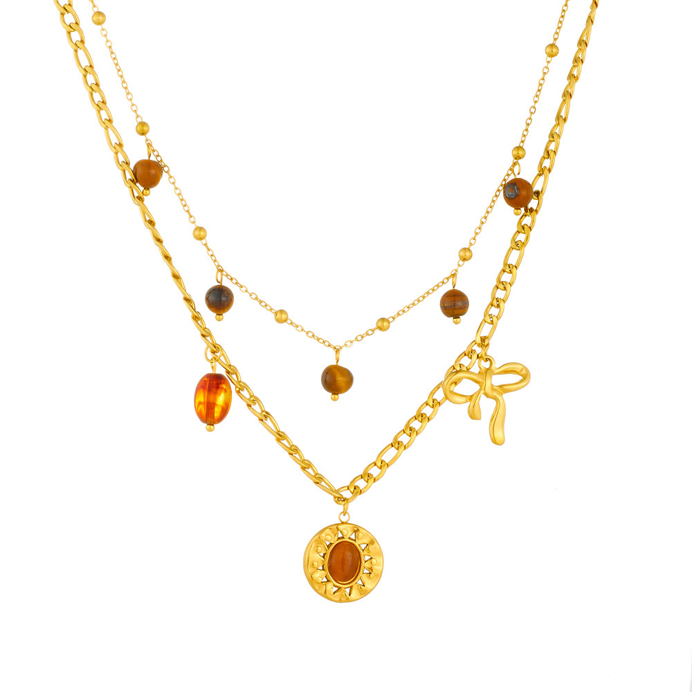 French vintage style round tiger's eye sun pendant necklace with bow accessory, stainless steel double-layered clavicle chain