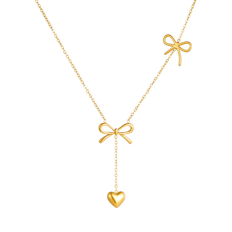 Fashionable, cross-border, niche, minimalist gold-plated stainless steel long tassel chain bow pendant necklace