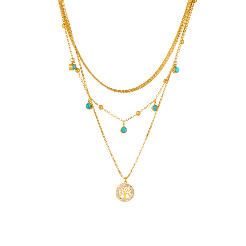 Stylish, elegant, minimalist design, multi-layered clavicle necklace with tree of life turquoise pendant, titanium steel necklace.