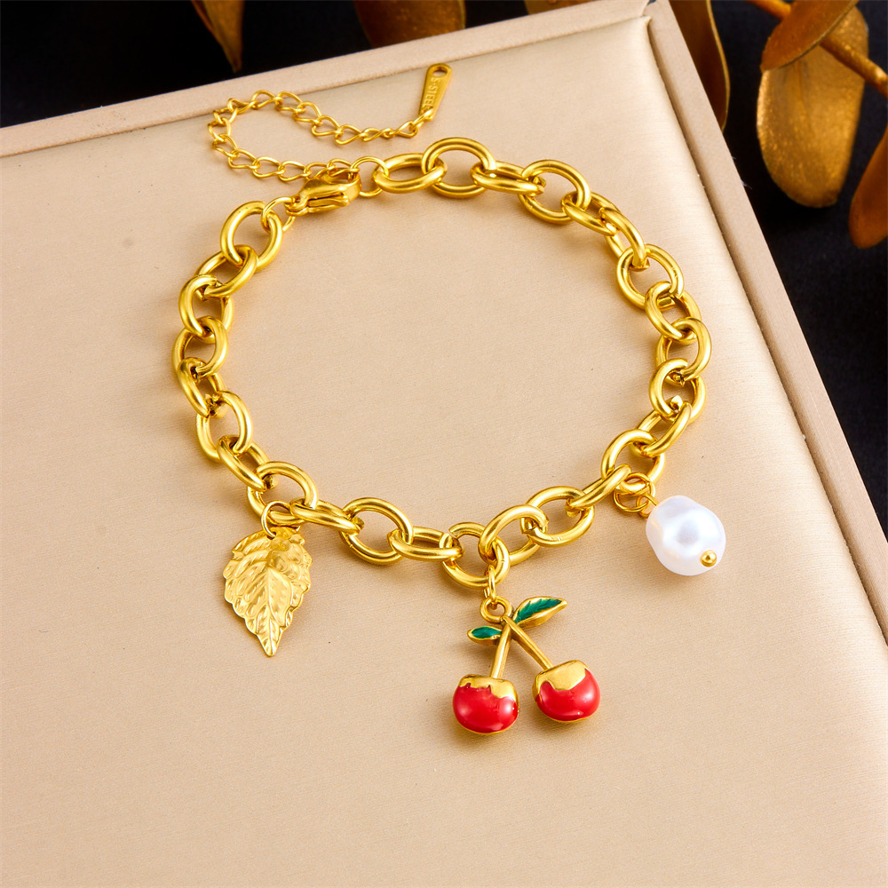 Korean style, new DIY fruit leaf pearl pendant stainless steel chunky chain bracelet