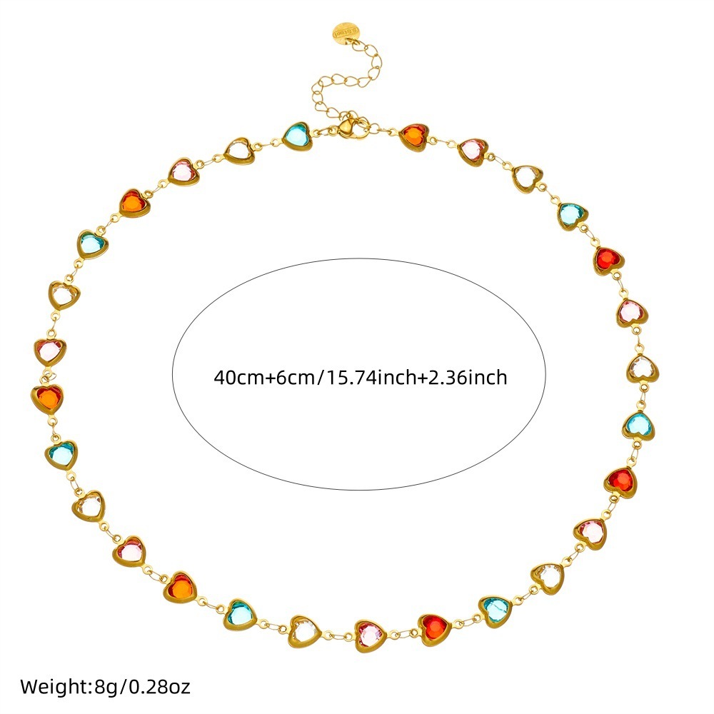 New cross-border fashion style, fresh and sweet candy-colored heart-shaped faceted translucent rhinestone simple high-end stainless steel necklace