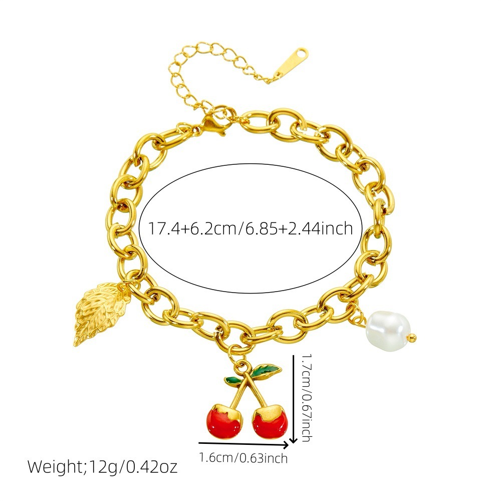 Korean style, new DIY fruit leaf pearl pendant stainless steel chunky chain bracelet