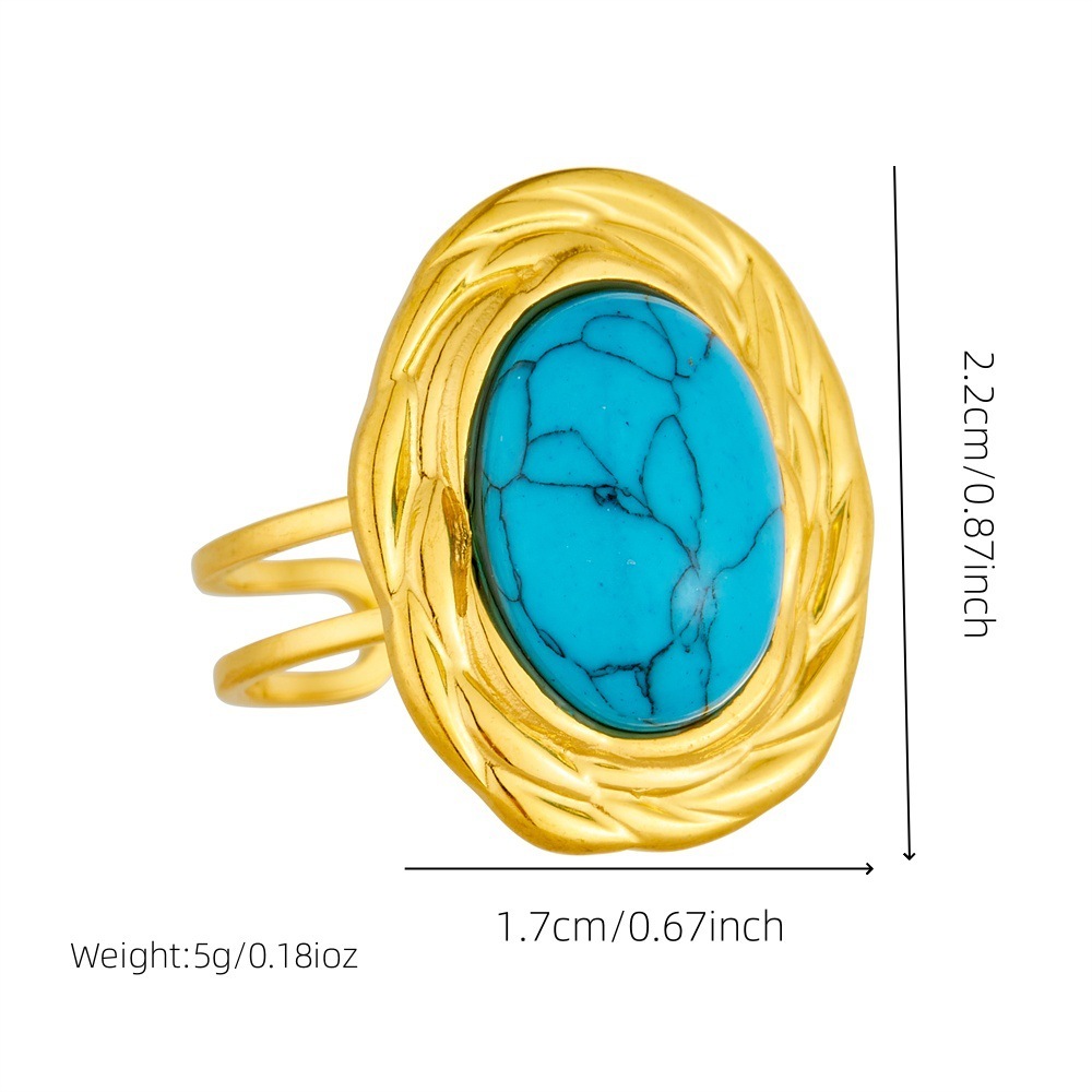 Cross-border fashion retro high-end open adjustable line oval set with turquoise accessories stainless steel ring