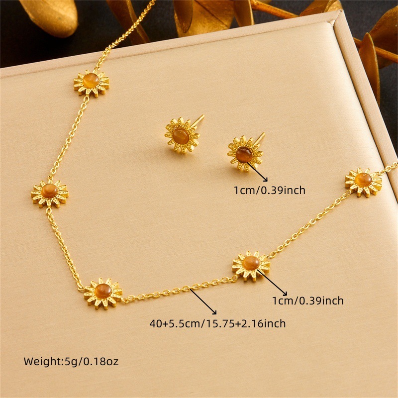 Cross-border European and American fashion versatile tiger's eye sunflower accessories stainless steel chain necklace earring bracelet set