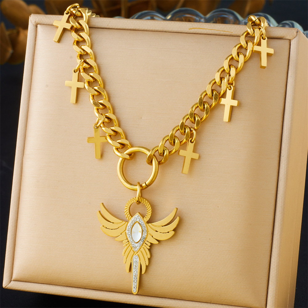 European and American unisex stainless steel chunky chain necklace with star, diamond-encrusted wings, sun pendant, sweater chain, jewelry wholesale.