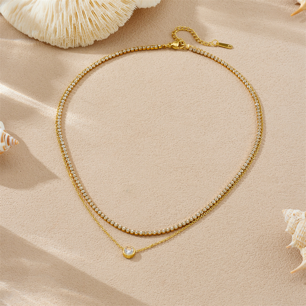 Korean-style fashionable and simple commuter-appropriate round heart-shaped pendant accessory double-layer stainless steel full diamond necklace