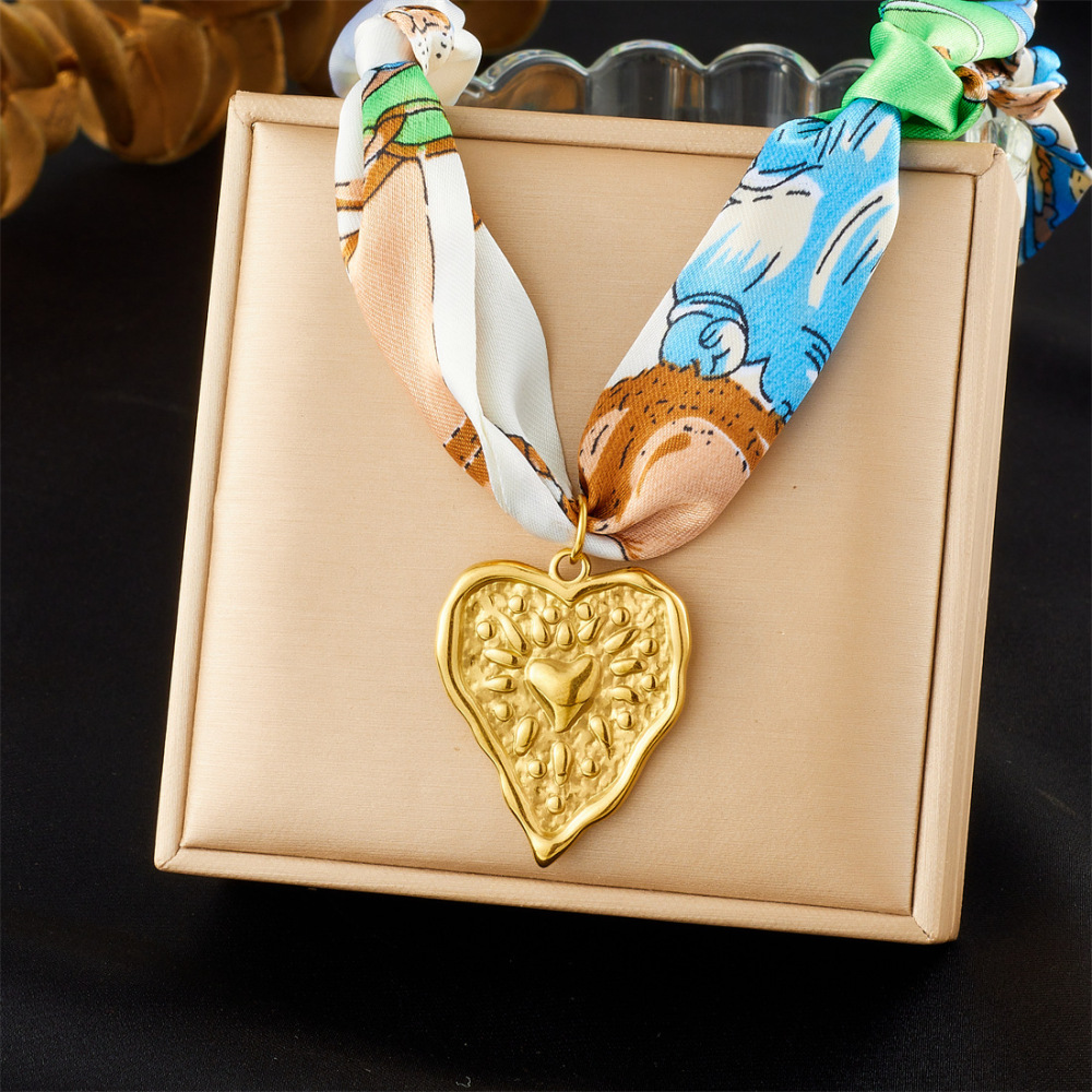 New cross-border colorful printed silk scarf ribbon knotted multi-element gold-plated stainless steel heart, moon and sun necklace