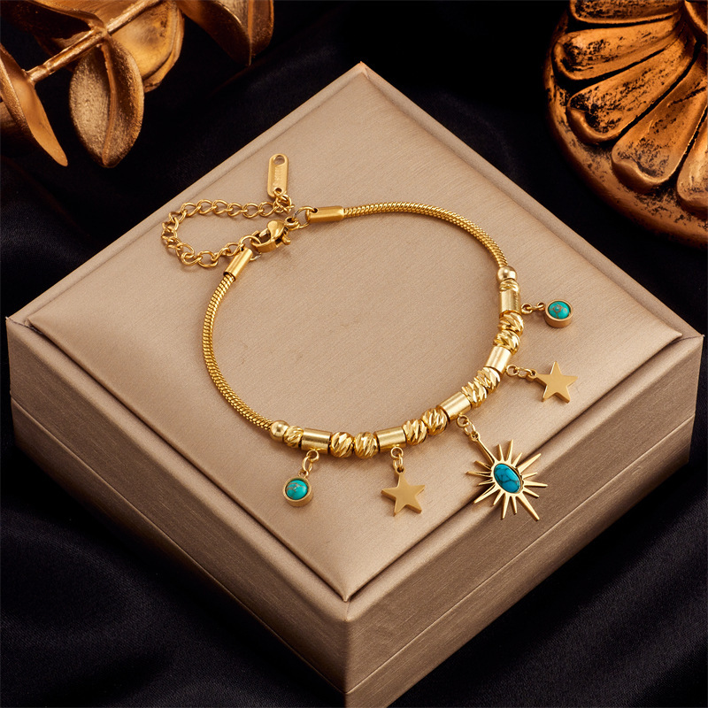 New European and American cross-border style titanium steel non-fading geometric blue turquoise oval sun and star pendant jewelry bracelet