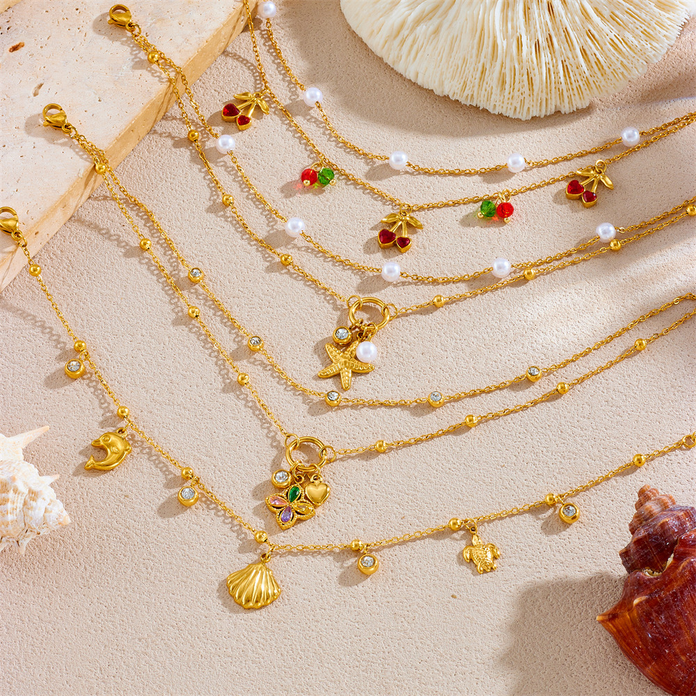 Korean style fashionable double-layer chain diamond-encrusted cherry starfish flower star moon pendant stainless steel anklet for women