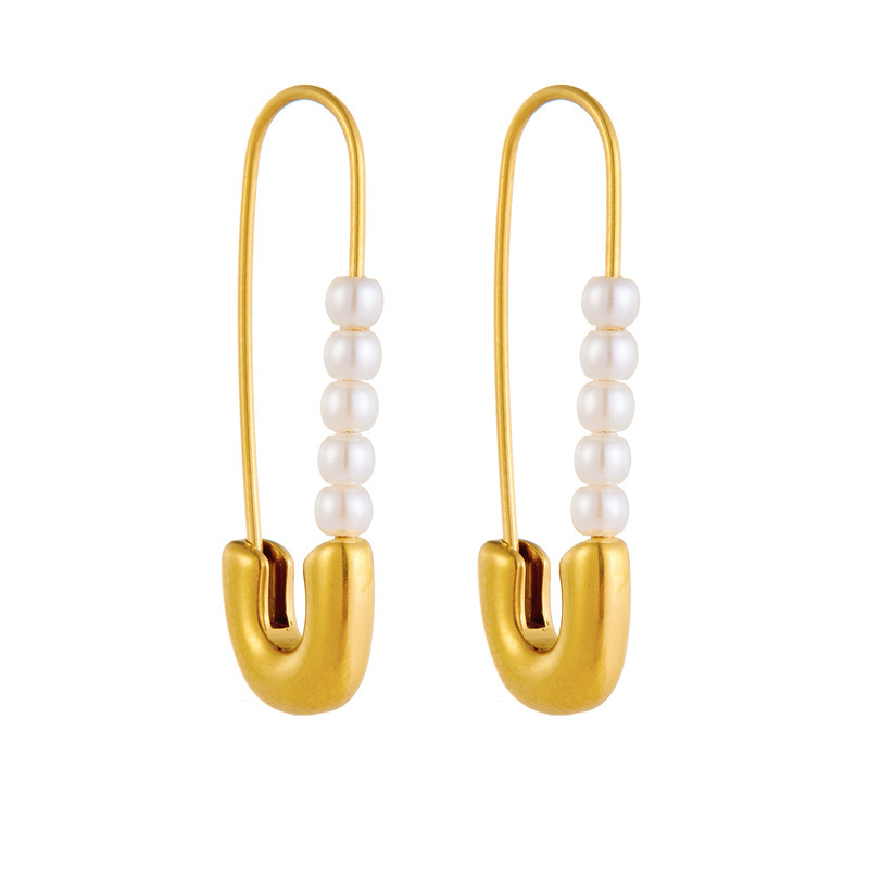 Fashionable, unique, creative, minimalist gold-plated stainless steel pearl accessories, paperclip-shaped metal jewelry earrings