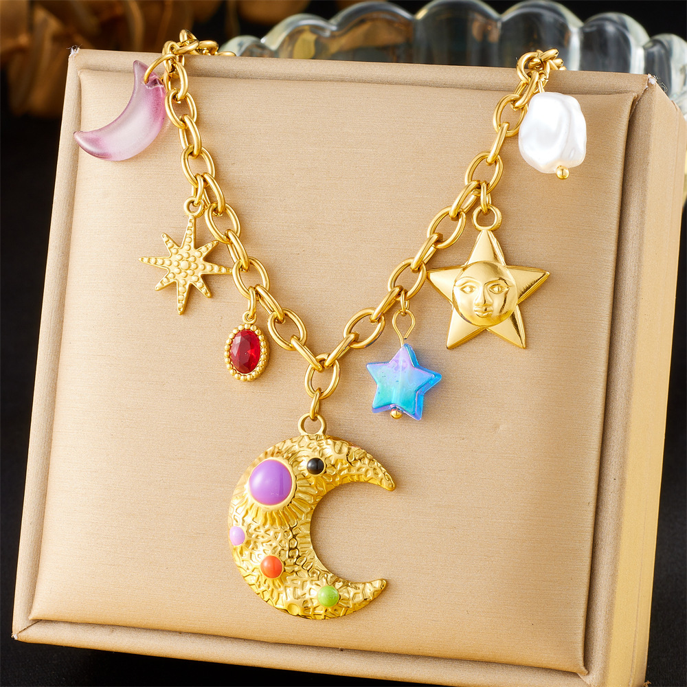 Cross-border popular multi-element accessory pendant stainless steel metal marine life flower dripping moon sun necklace