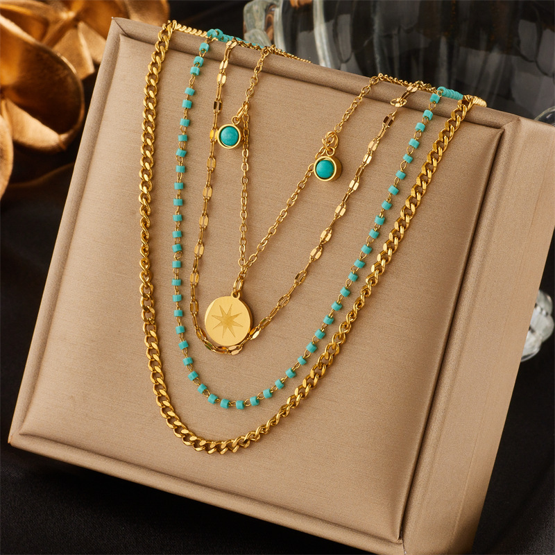 Trendy, niche, new design, retro-style, high-end stainless steel clavicle chain with multi-layered, irregular design.