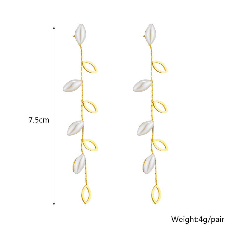 Korean style, fashionable, elegant, simple and luxurious pearl hollowed-out willow leaf long dangling earrings