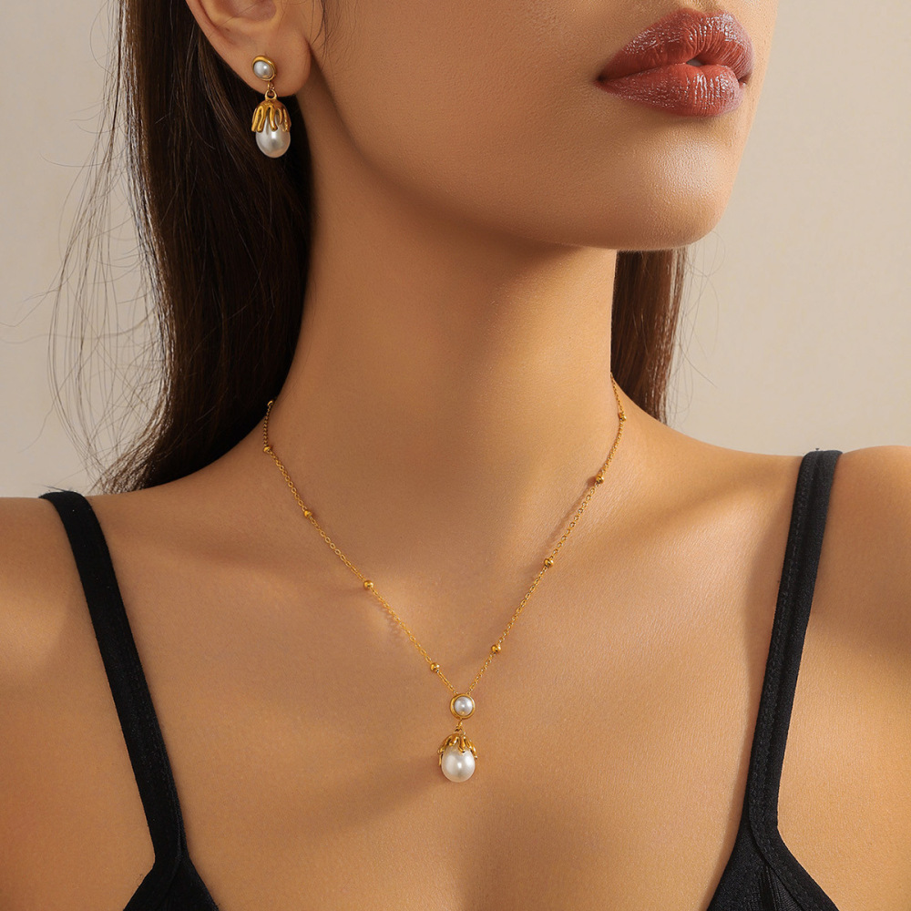 Cross-border fashion retro pearl flower geometric irregular necklace and earring set, unique stainless steel jewelry