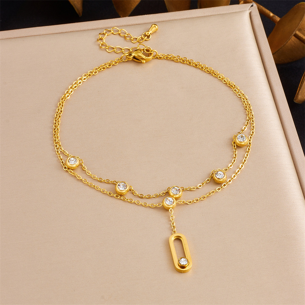 Korean style fashionable double-layer chain diamond-encrusted cherry starfish flower star moon pendant stainless steel anklet for women