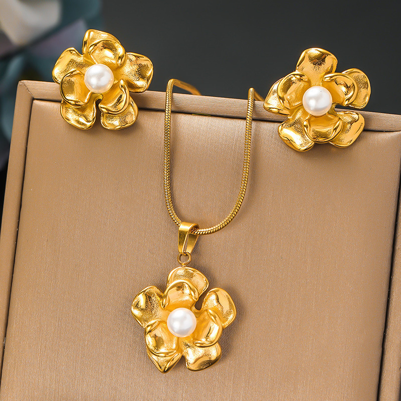 Cross-border fashion retro pearl flower geometric irregular necklace and earring set, unique stainless steel jewelry