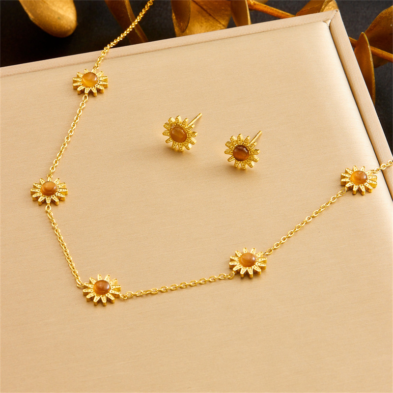 Cross-border European and American fashion versatile tiger's eye sunflower accessories stainless steel chain necklace earring bracelet set