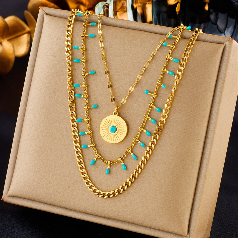 European and American style retro high-end ethnic style multi-layered blue turquoise round pendant metal jewelry titanium steel necklace