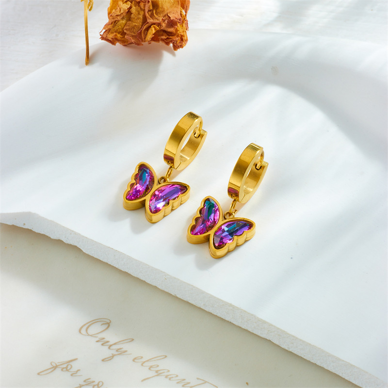 Trendy niche retro design, colorful purple rhinestone butterfly, gold-plated titanium steel pendant accessories earrings