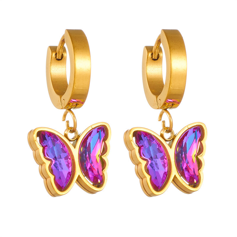 Trendy niche retro design, colorful purple rhinestone butterfly, gold-plated titanium steel pendant accessories earrings