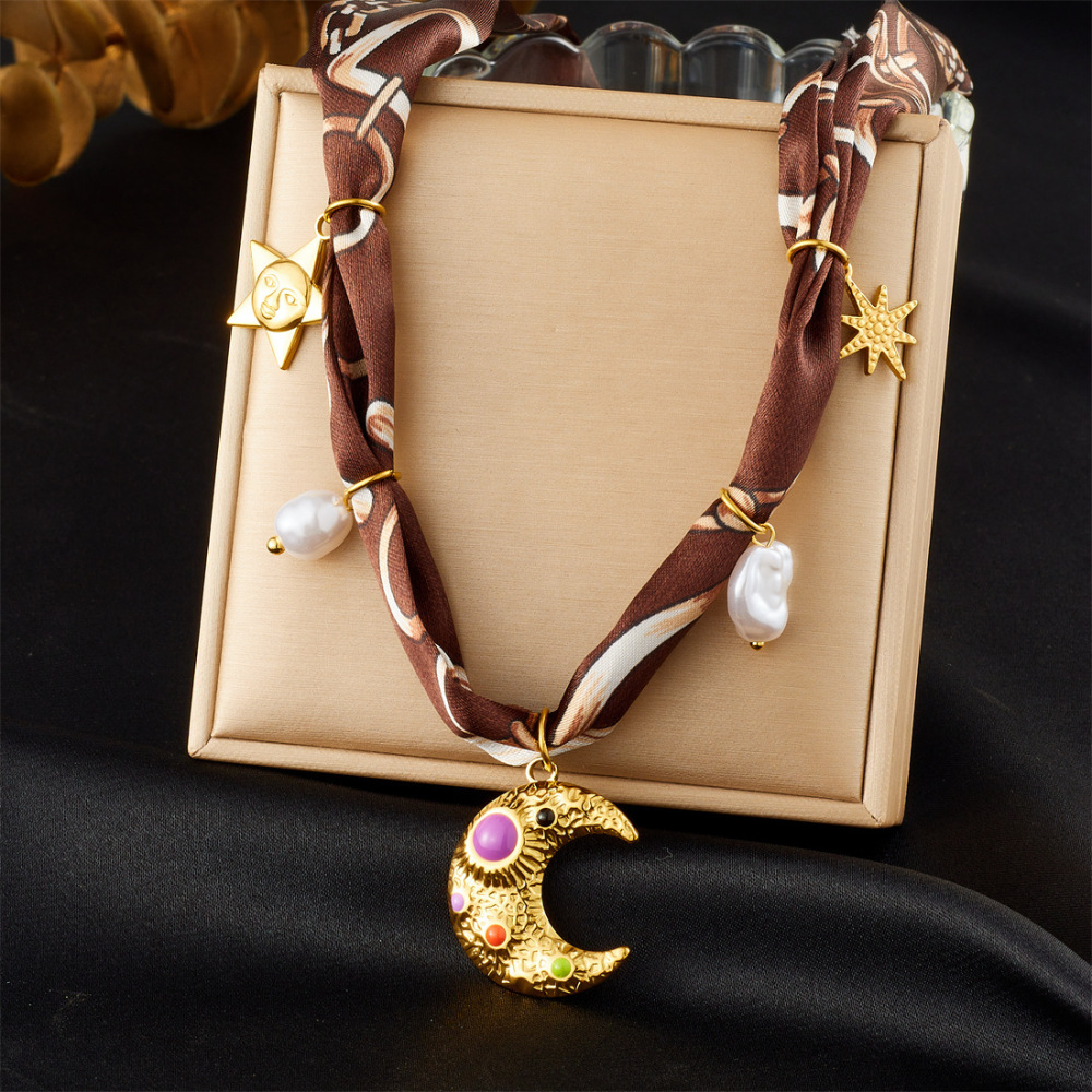 New cross-border colorful printed silk scarf ribbon knotted multi-element gold-plated stainless steel heart, moon and sun necklace