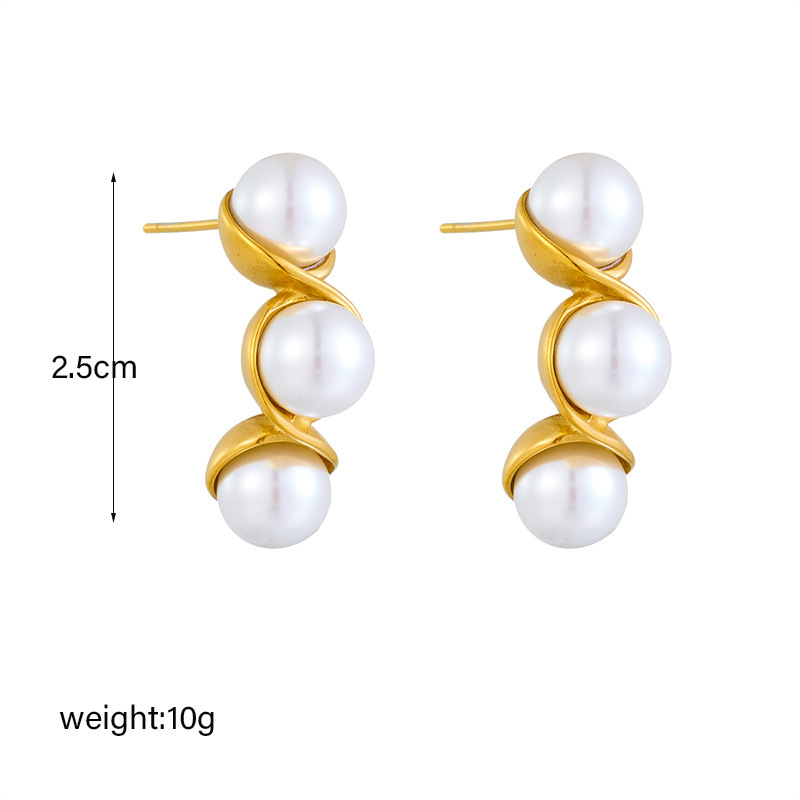 Retro-chic, minimalist, elegant round stainless steel earrings inlaid with pearls
