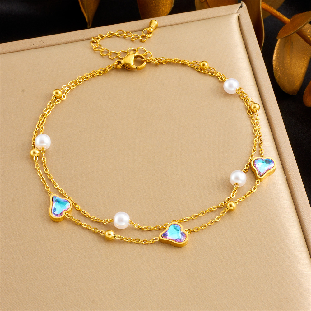 Cross-border fashion beach style versatile simple colorful geometric glass rhinestone butterfly heart accessory chain anklet
