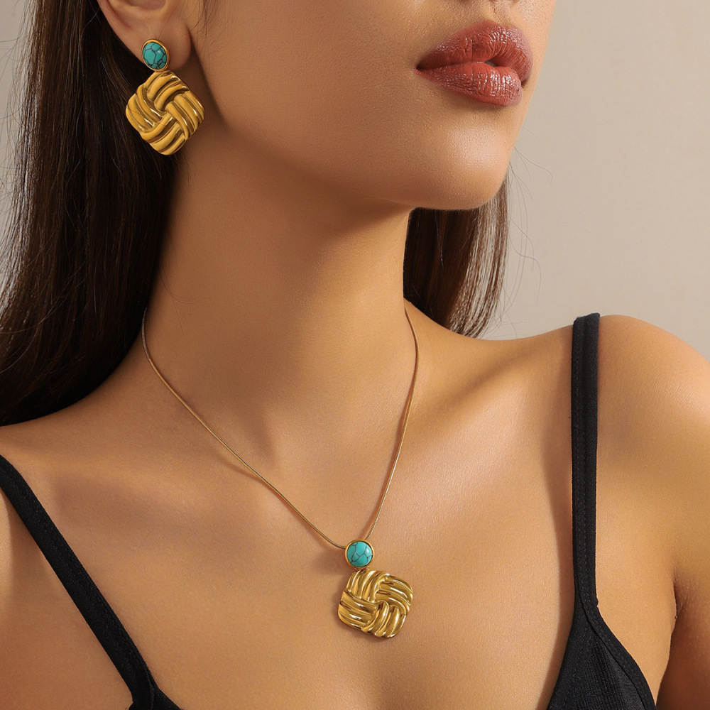 Cross-border fashion retro pearl flower geometric irregular necklace and earring set, unique stainless steel jewelry