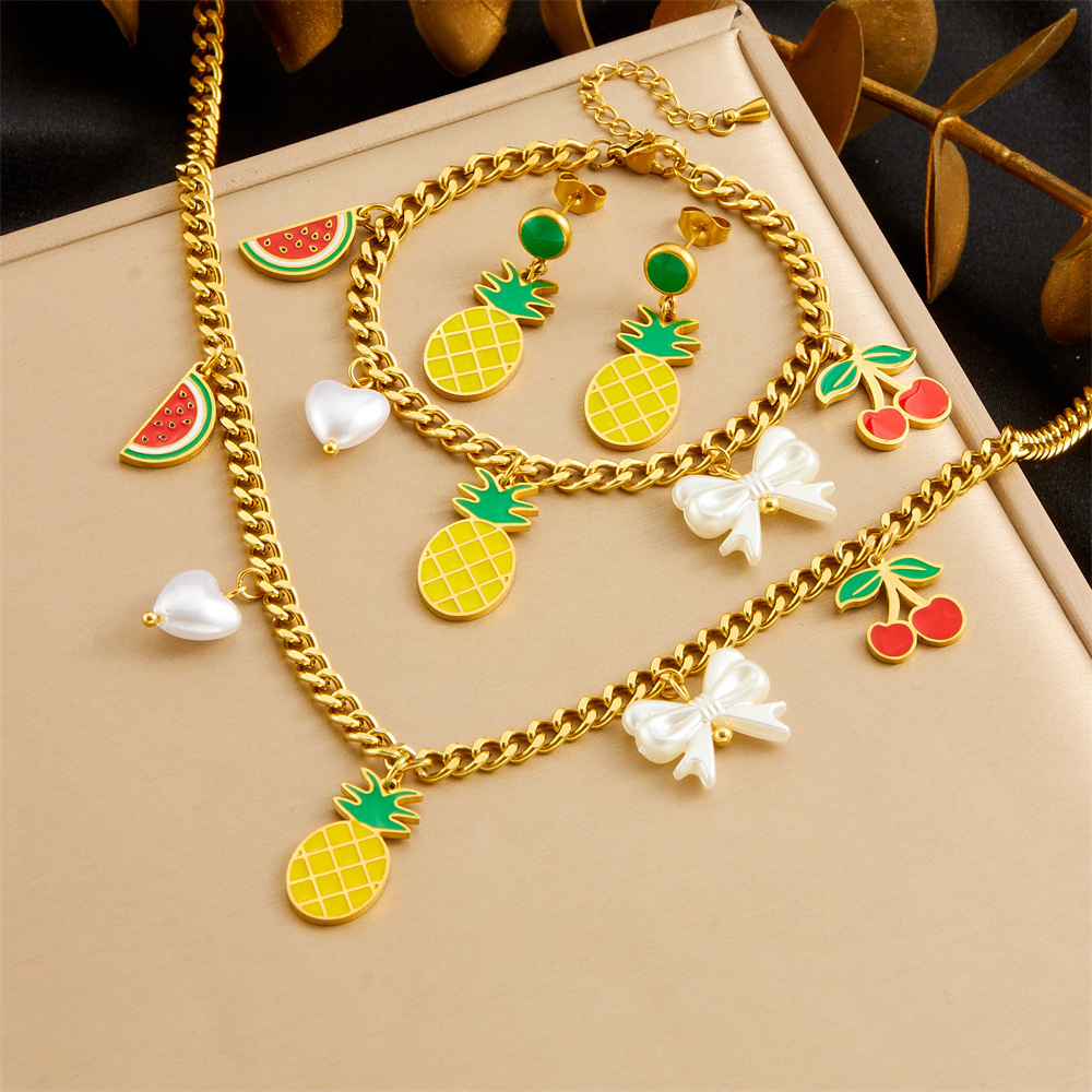 Cross-border fashion creative cartoon cute dripping fruit grape pineapple cherry bow seashell jewelry set