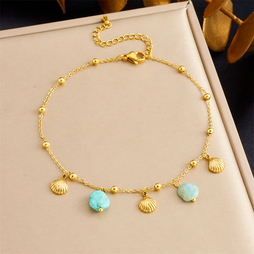 Fashionable new cross-border style beach and ocean theme seashell dolphin starfish stacked chain double layer stainless steel anklet for women