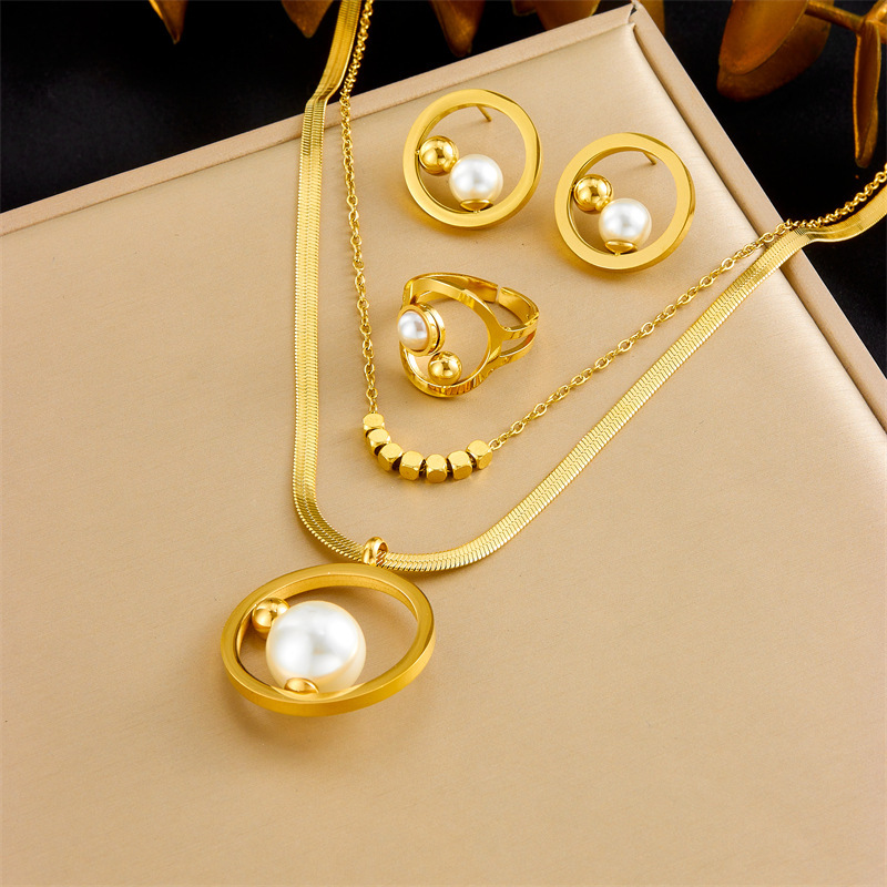 Fashionable, cross-border, light luxury, elegant round pearl gold bean clavicle chain, double-layered necklace, earrings, and ring set.
