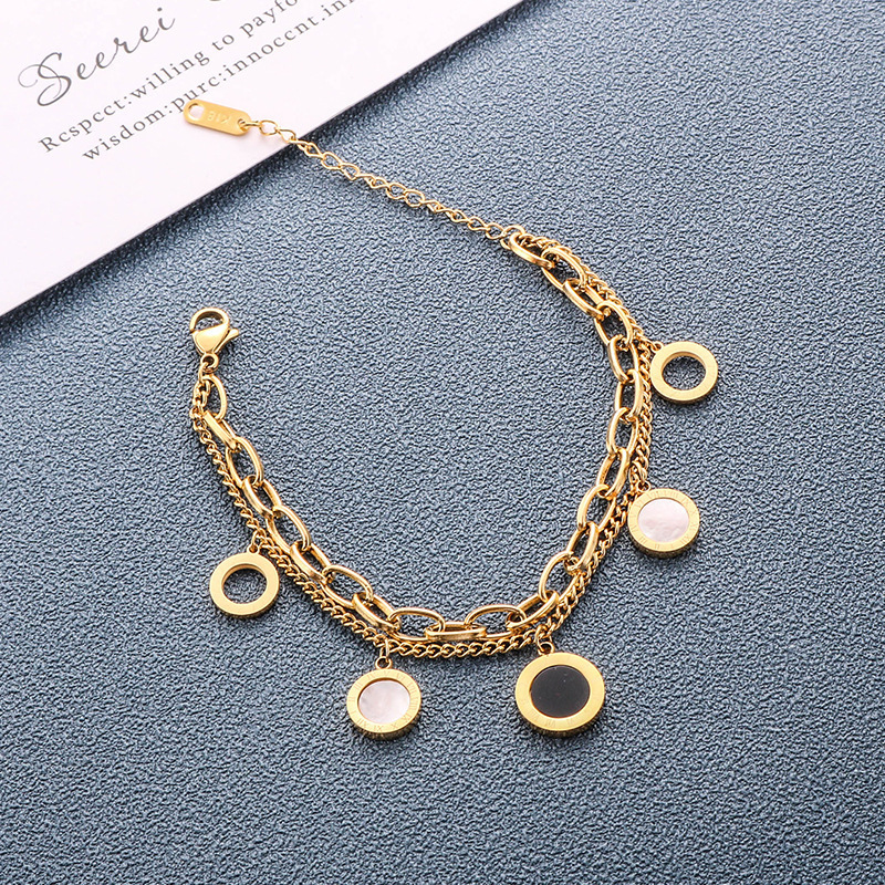 European and American style, simple and unique double-layered irregular round pendant hollowed-out metal titanium steel chain bracelet