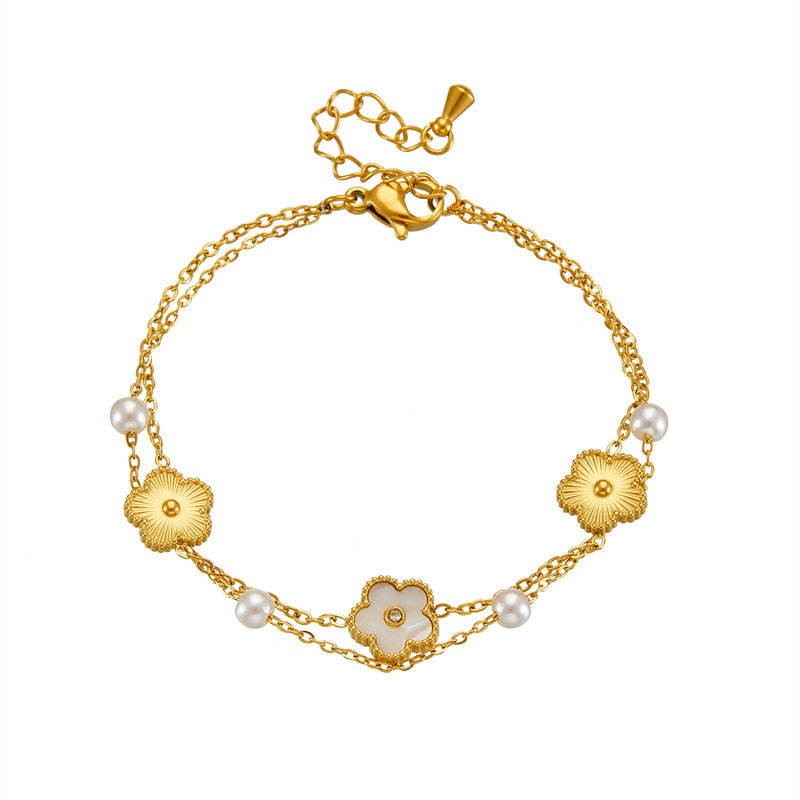 European and American style niche retro diamond-encrusted multi-layered gold-plated stainless steel chain square flower accessory bracelet