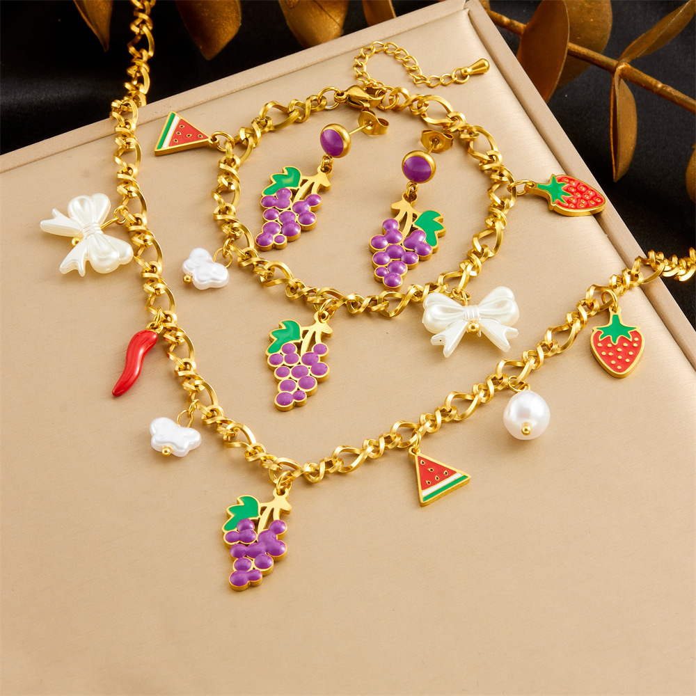 Cross-border fashion creative cartoon cute dripping fruit grape pineapple cherry bow seashell jewelry set