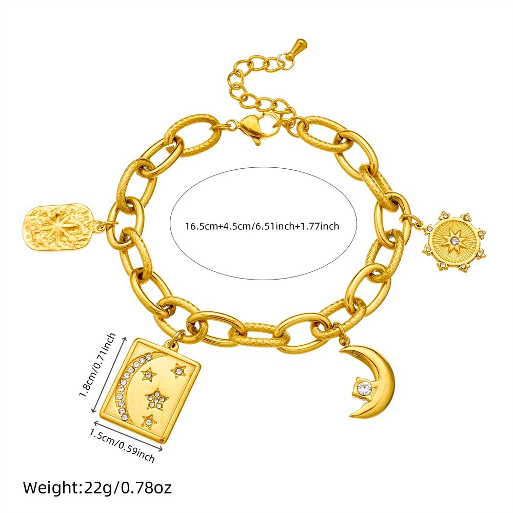 Fashionable cross-border gold-plated stainless steel chunky chain geometric square diamond-encrusted star, moon, and star pendant bracelet