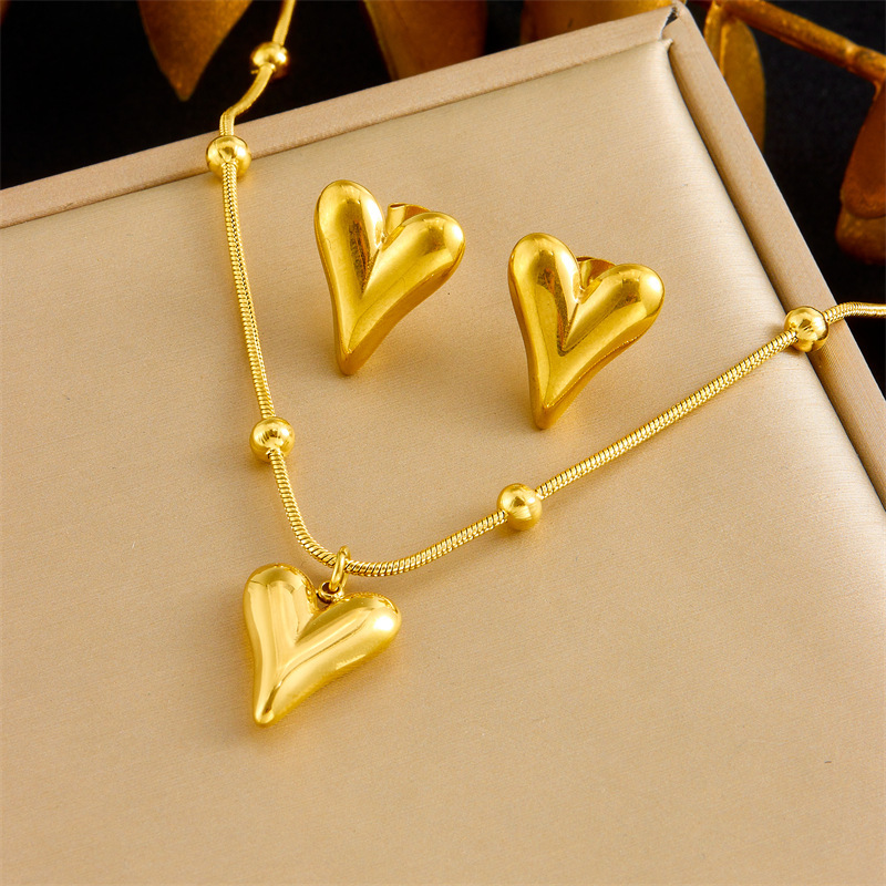 European and American style stainless steel beaded snake chain bamboo heart pendant, simple and versatile women's bracelet, earrings, necklace