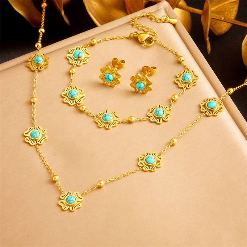 Cross-border fashion niche retro blue turquoise accessories flower gold-plated chain stainless steel necklace earring bracelet set