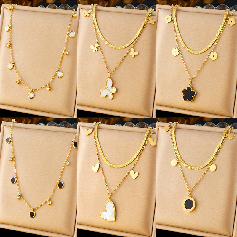 Korean style, fashionable, simple, suitable for commuting, double-layered heart butterfly stainless steel flower accessory chain pendant necklace