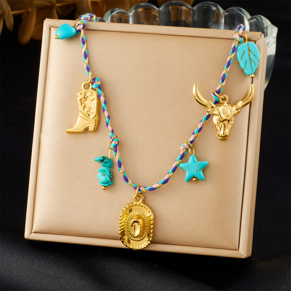 Cross-border fashion bohemian retro style colorful rope braided chain gold-plated stainless steel multi-element pendant set