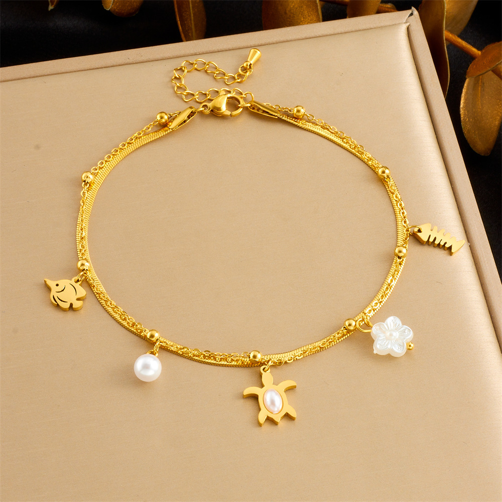 Cross-border fashion minimalist gold-plated beach style multi-layered marine life pendant seashell starfish stainless steel anklet