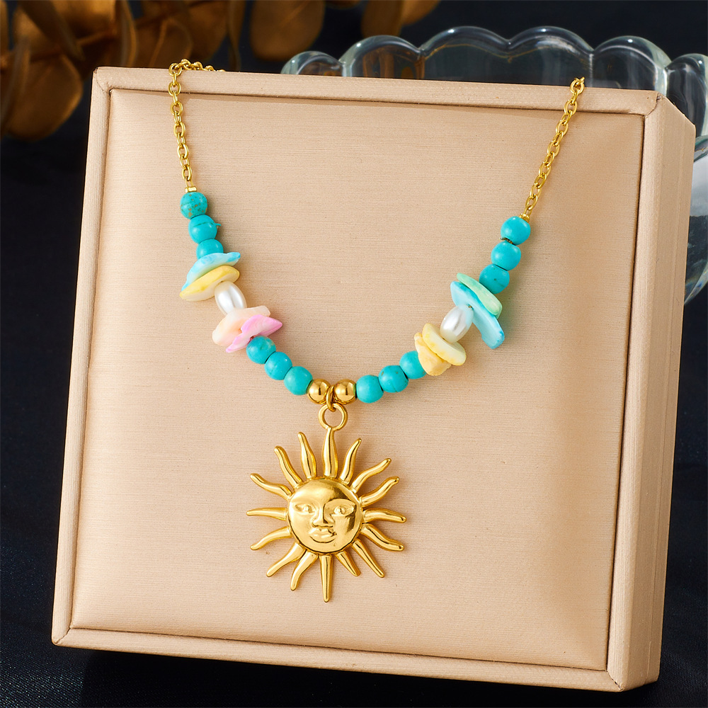 Cross-border fashion beach vacation style seashell starfish sun cherry heart multi-element stainless steel necklace
