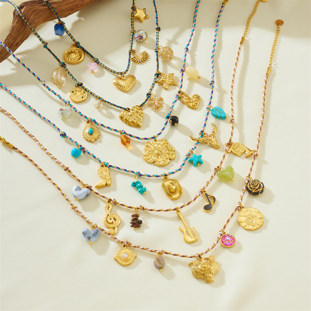 Cross-border fashion bohemian retro style colorful rope braided chain gold-plated stainless steel multi-element pendant set
