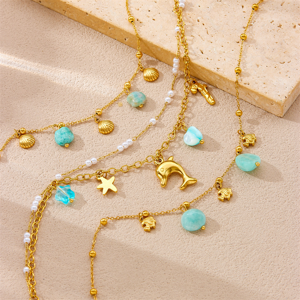 Fashionable new cross-border style beach and ocean theme seashell dolphin starfish stacked chain double layer stainless steel anklet for women