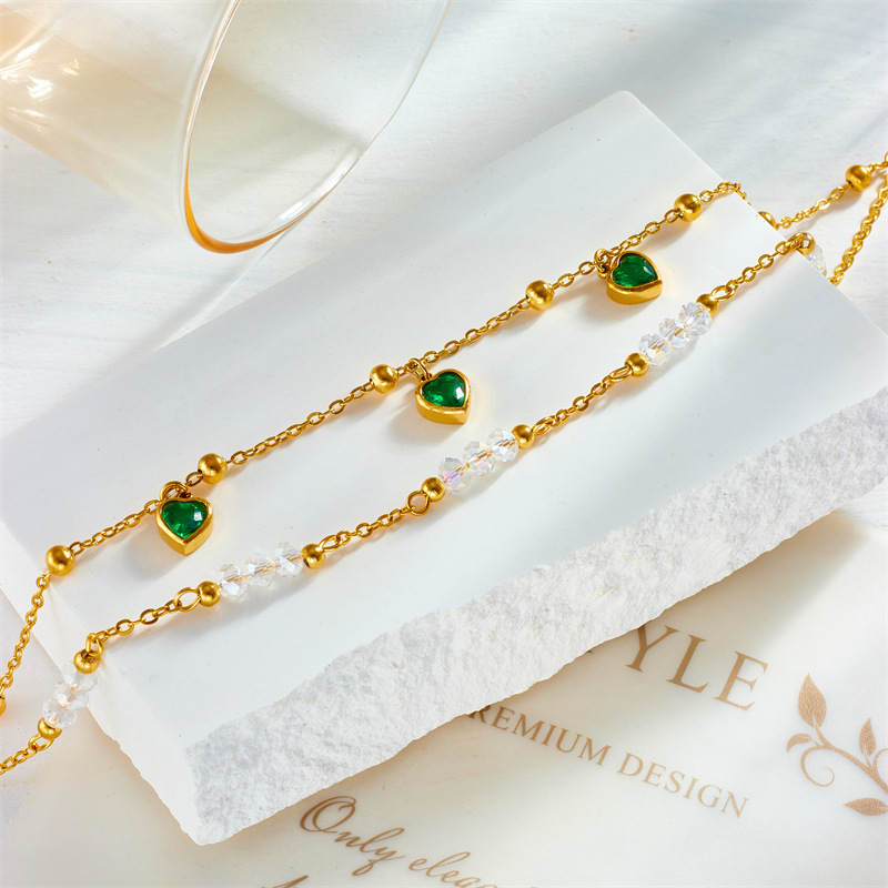 European and American fashion creative retro high-end double-layer beaded green heart pendant accessory titanium steel anklet