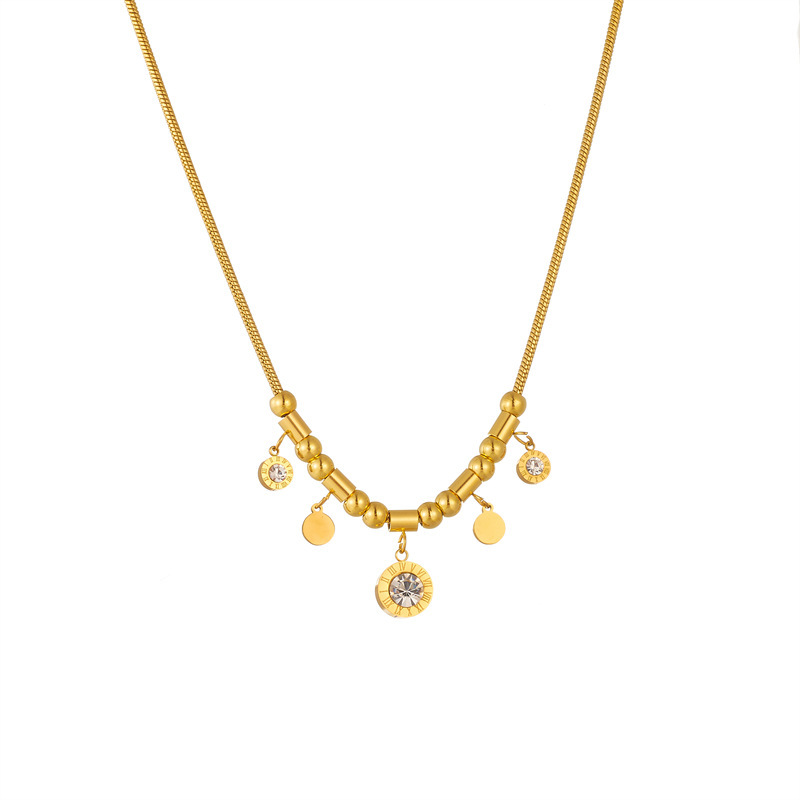 Stylish, edgy, retro punk-inspired, gold-plated stainless steel Roman numeral round pendant chain necklace