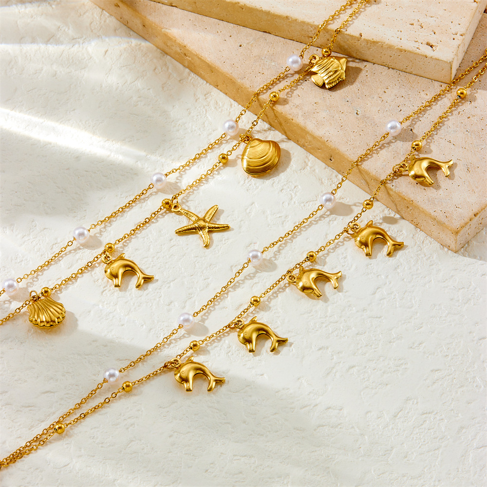 Cross-border fashion beach vacation ocean style seashell starfish tropical fish pendant stacking chain stainless steel anklet for women