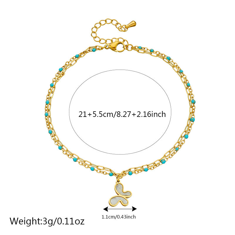 Fashionable, retro, simple, versatile, double-layered, turquoise, gold-plated chain, stainless steel butterfly and flower pendant anklet.